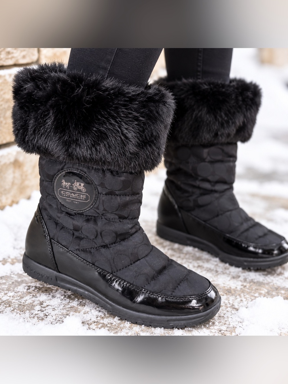 Coach Joyous Snow Boots Black Patent/Monogram With Fur Trim Sz 10B